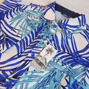 BOHIO Linen Hawaiian Shirt Mens Large Blue Teal Palm Leaves Beach Tropical NWT